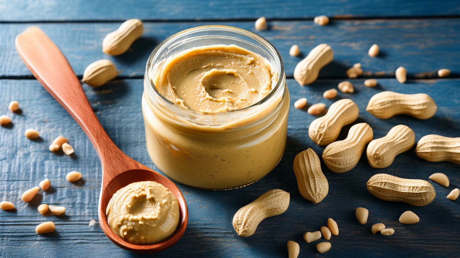 Jar of healthy peanut butter with spoon and peanuts on rustic blue wood surface